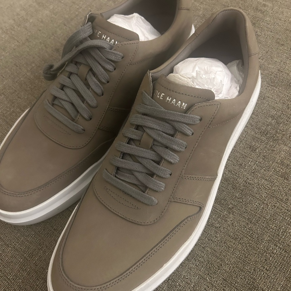 Cole Haan Taupe Leather Low-Top Sneakers with White Sole